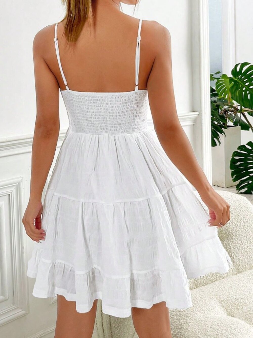 White Casual Women's Ruched Bust Shirred Back Ruffle Hem Cami Graduation Dress - Picture 2 of 6